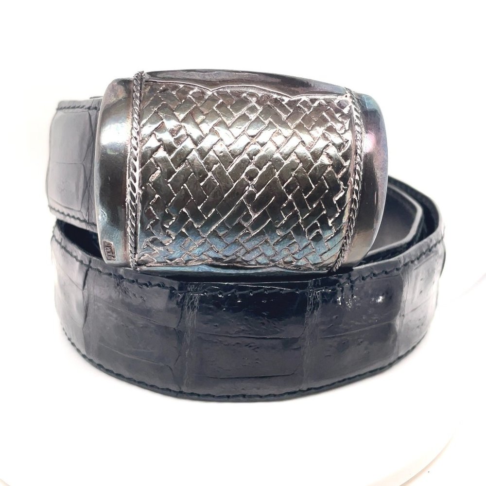 J&M Davidson Black Shiny Mens Leather Buckle Belt Silver Tone